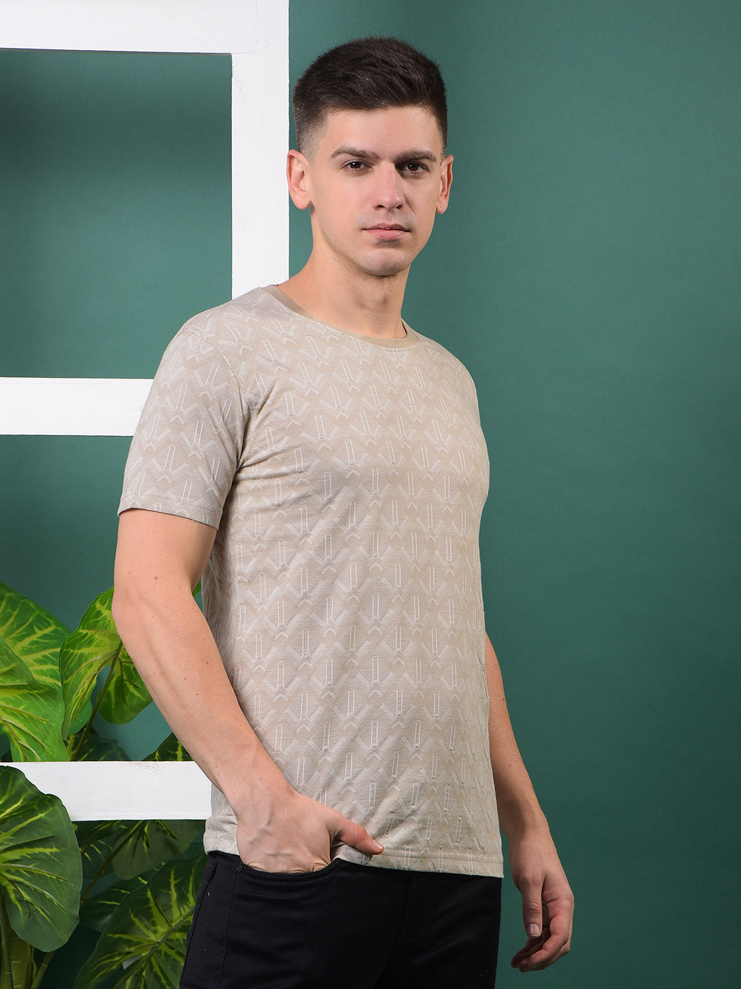 COBB BEIGE SELF-DESIGN ROUND NECK T-SHIRT