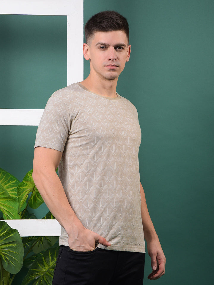 COBB BEIGE SELF-DESIGN ROUND NECK T-SHIRT