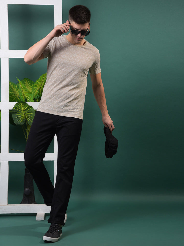 COBB BEIGE SELF-DESIGN ROUND NECK T-SHIRT