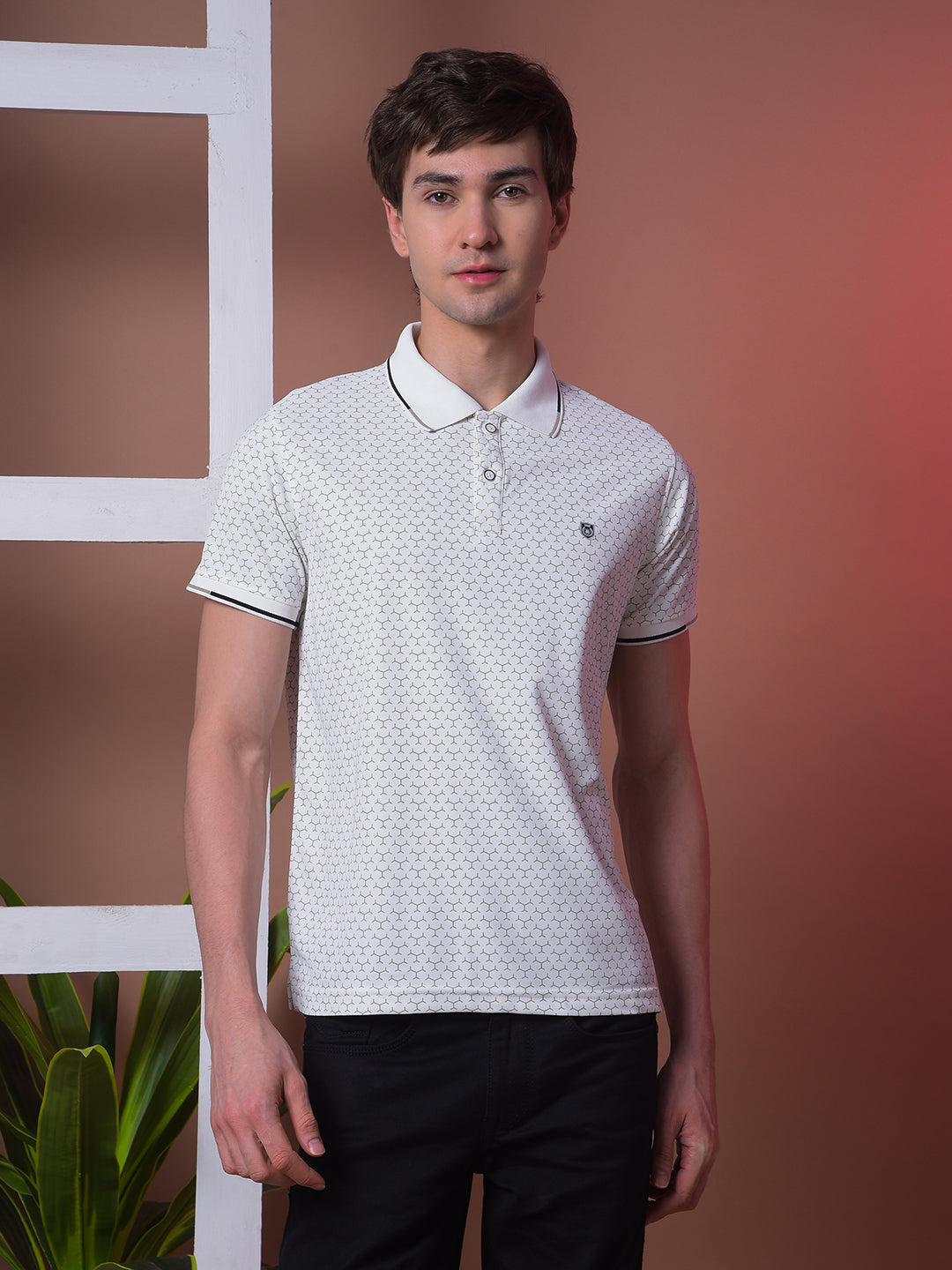 cobb white printed polo neck t-shirt