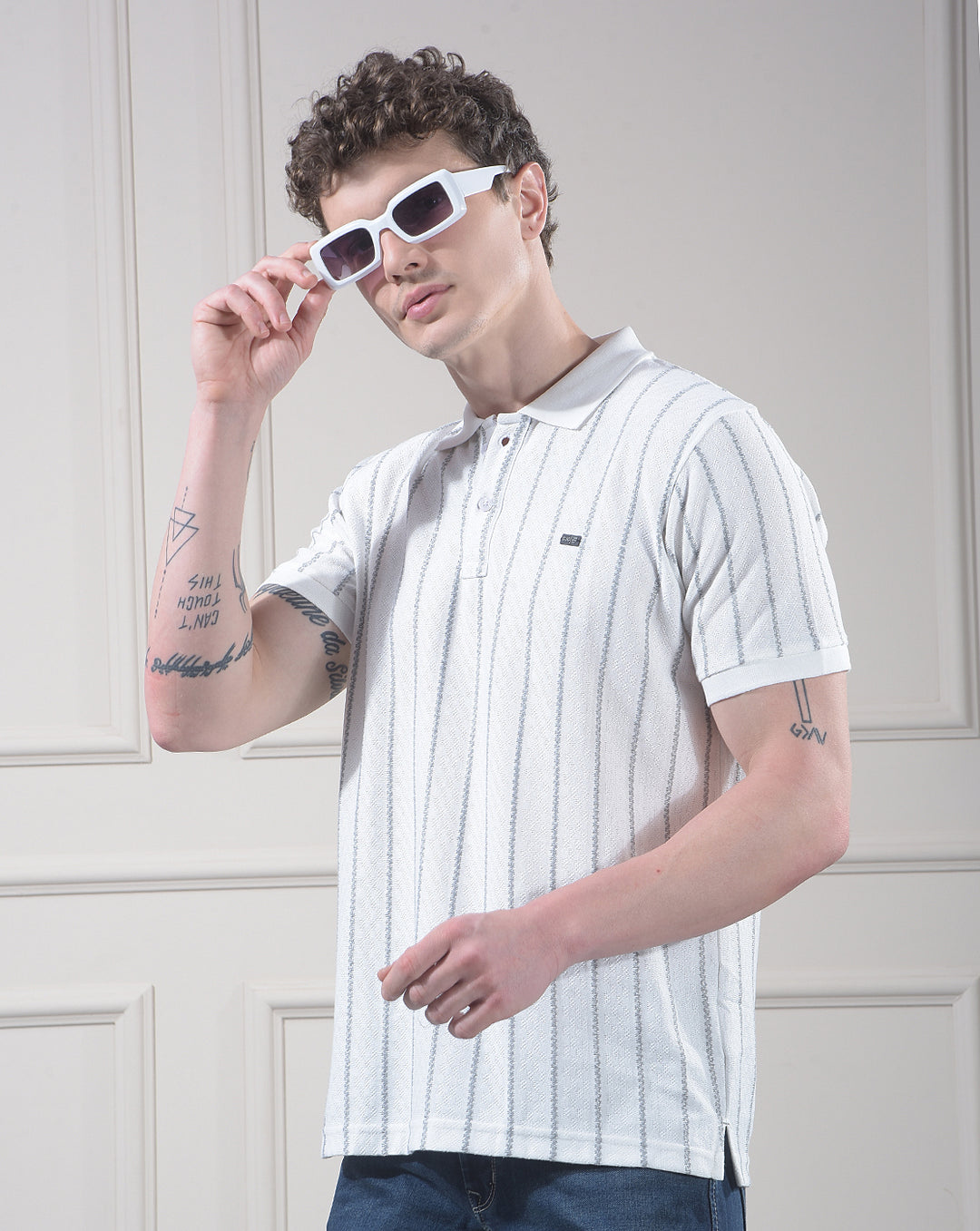 cobb white striped polo neck t-shirt