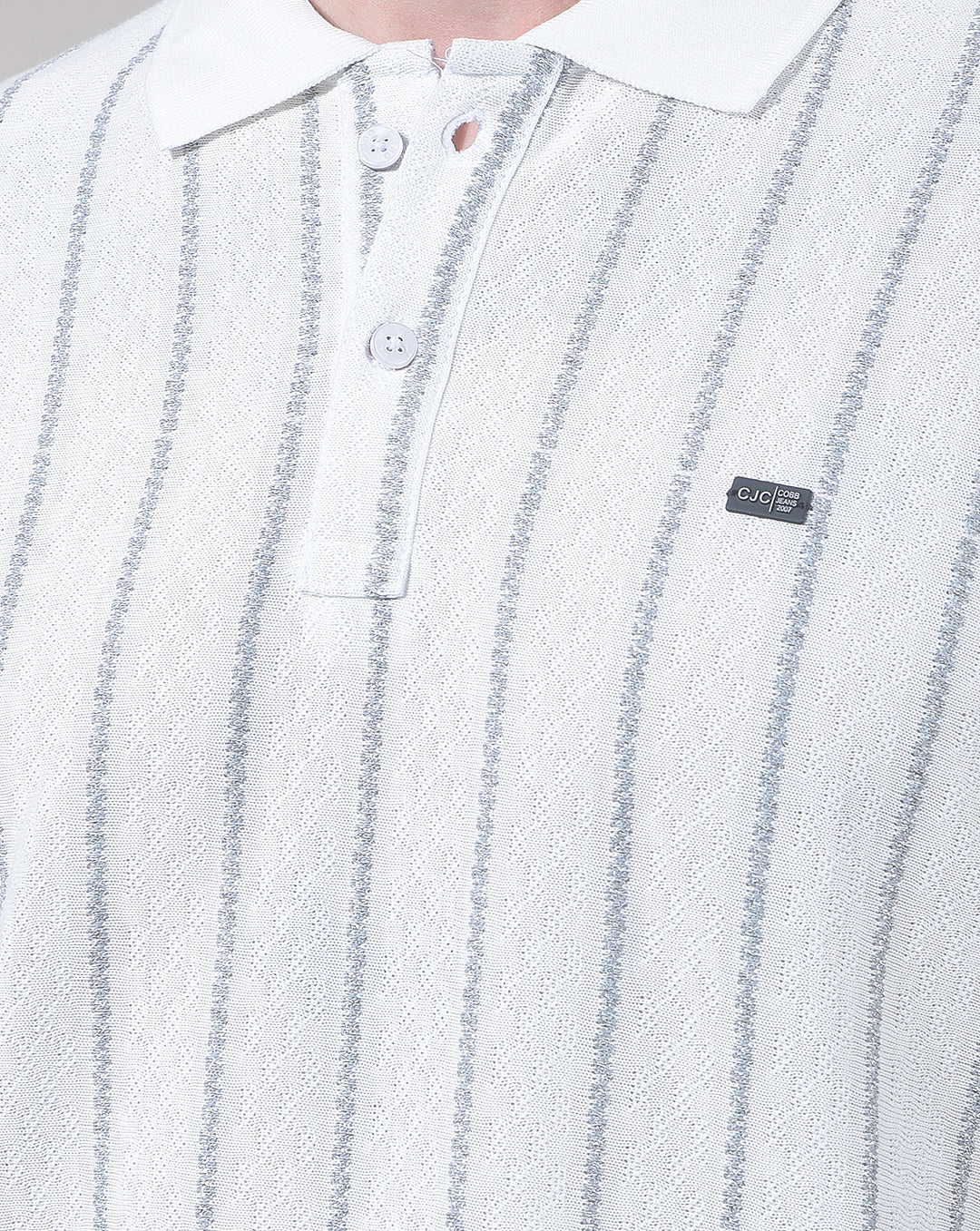 COBB WHITE STRIPED POLO NECK T-SHIRT