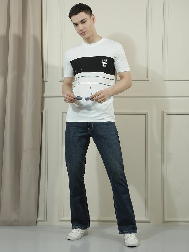 COBB WHITE STRIPED ROUND NECK T-SHIRT