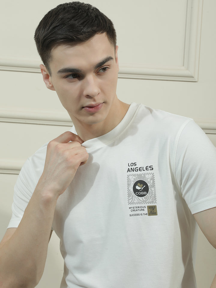 cobb white printed round neck t-shirt