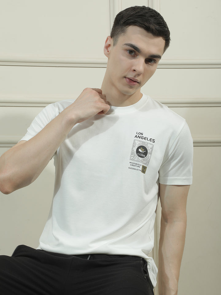 cobb white printed round neck t-shirt