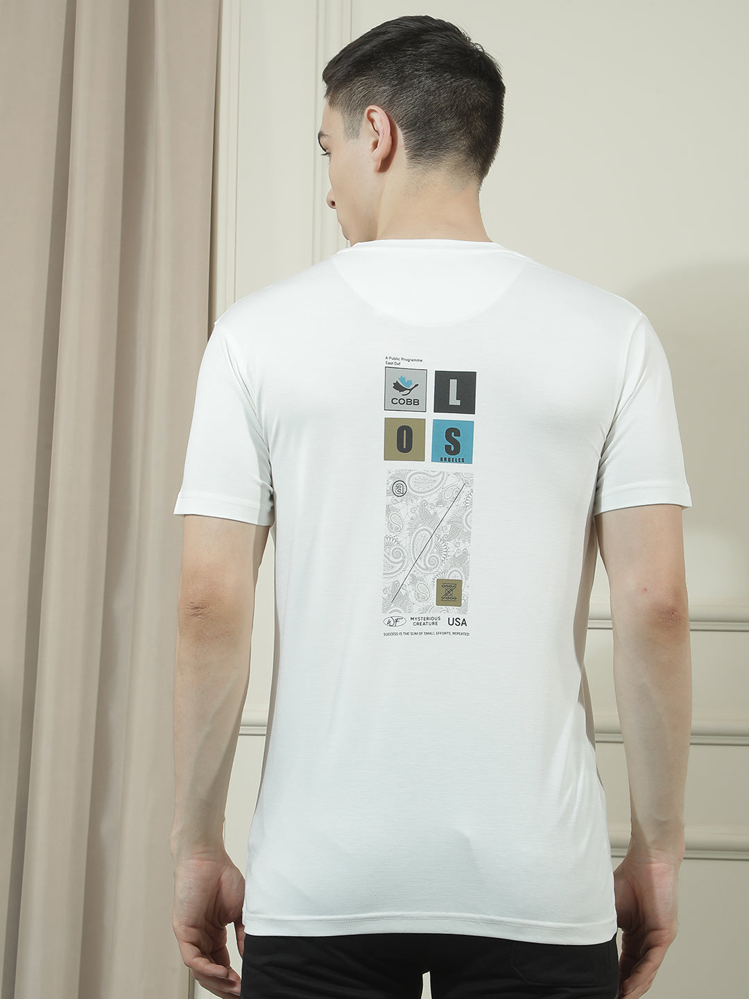 cobb white printed round neck t-shirt