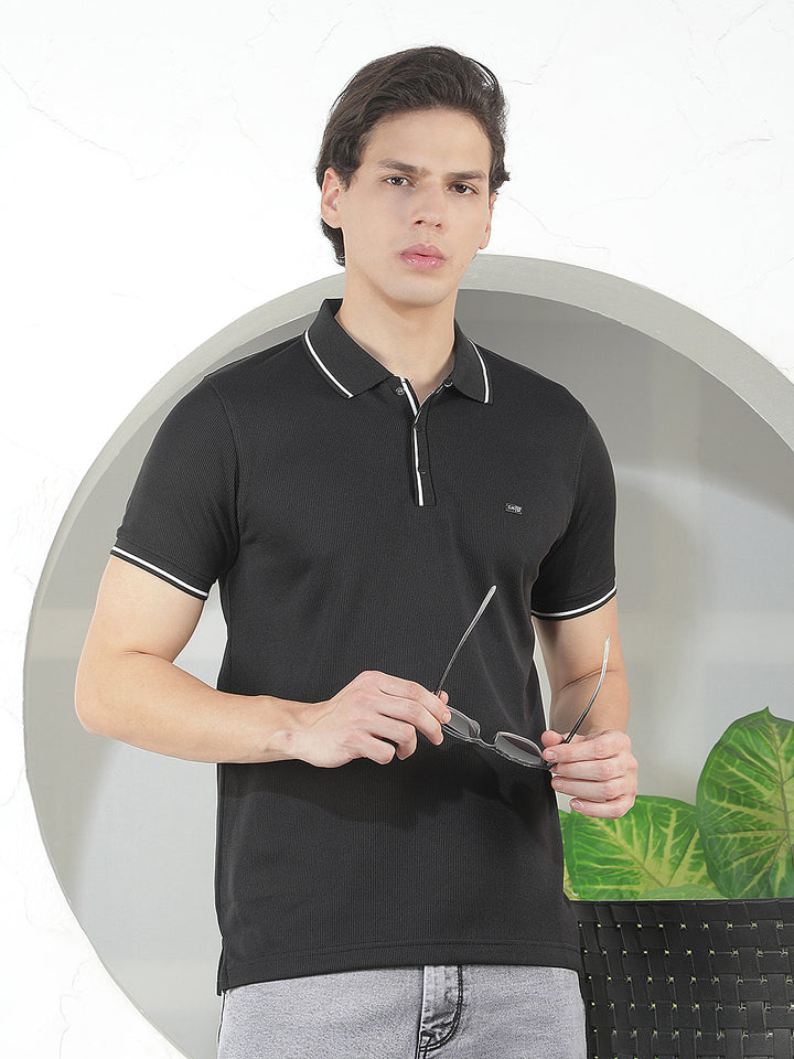 black textured polo t-shirt