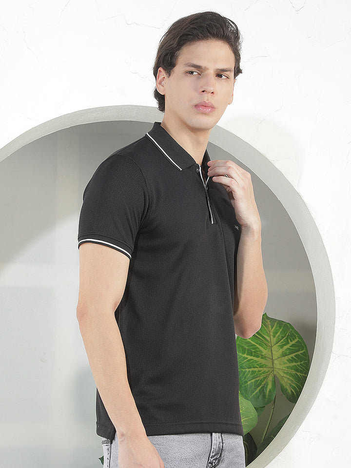BLACK TEXTURED POLO T-SHIRT