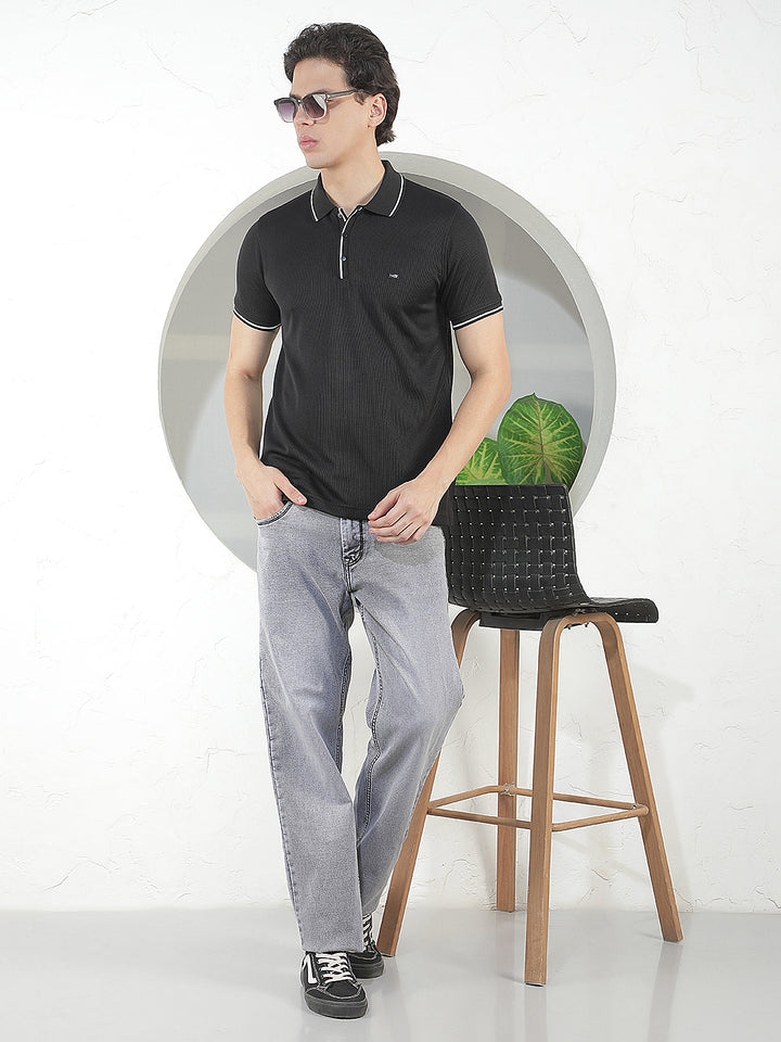 BLACK TEXTURED POLO T-SHIRT