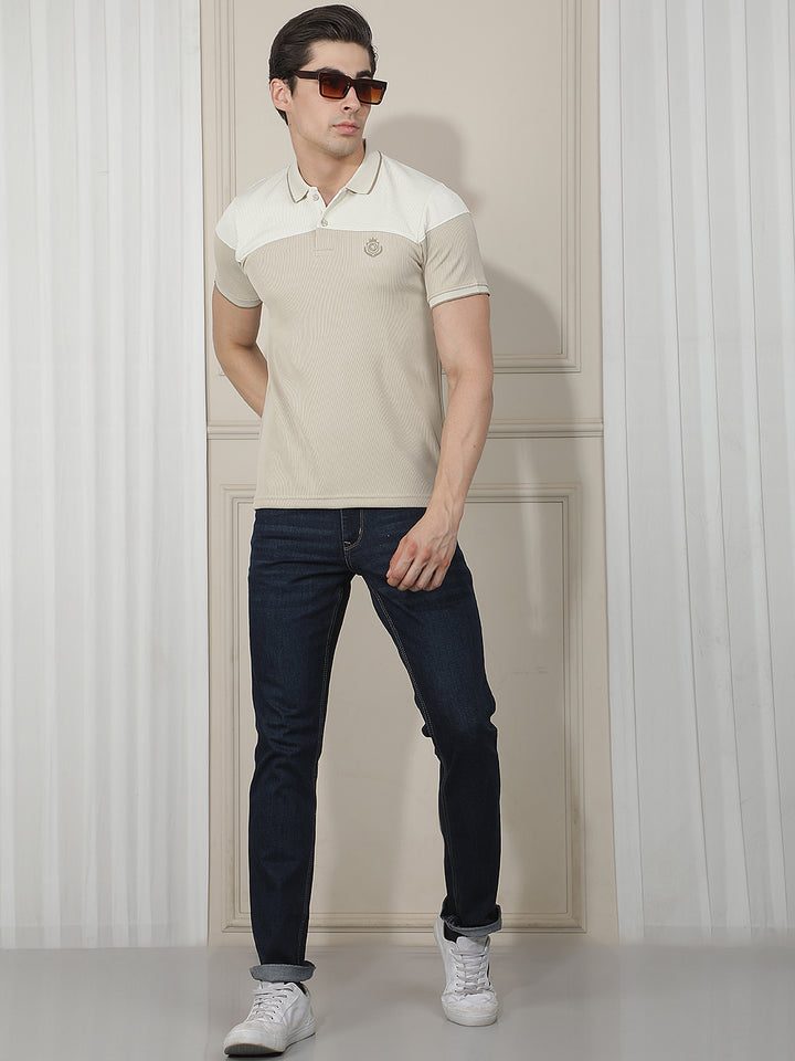 BEIGE COLOR-BLOCK POLO T-SHIRT