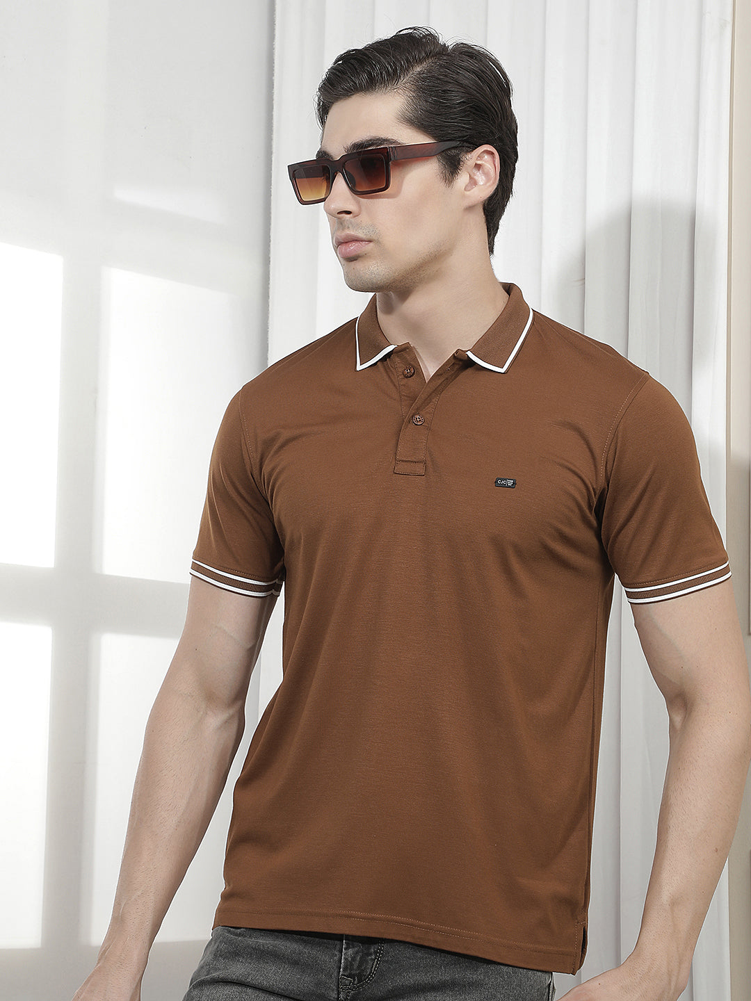 TAN SOLID POLO T-SHIRT