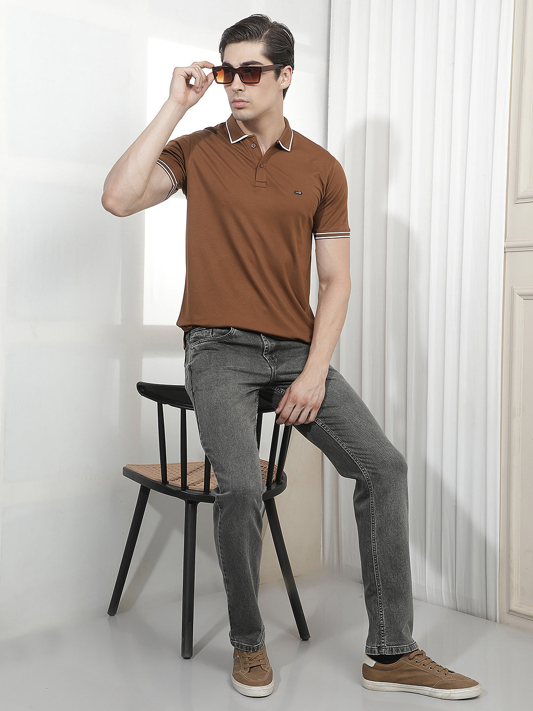 TAN SOLID POLO T-SHIRT