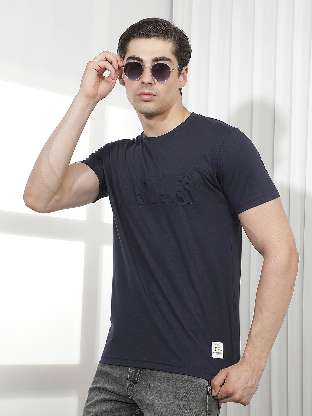 navy blue self-design round tees