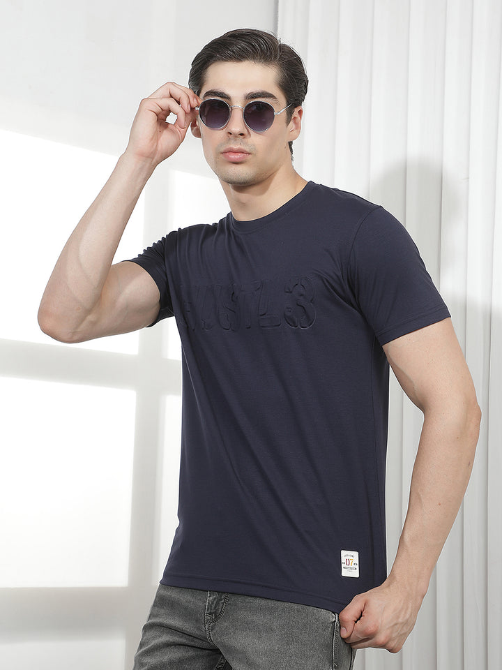 navy blue self-design round tees