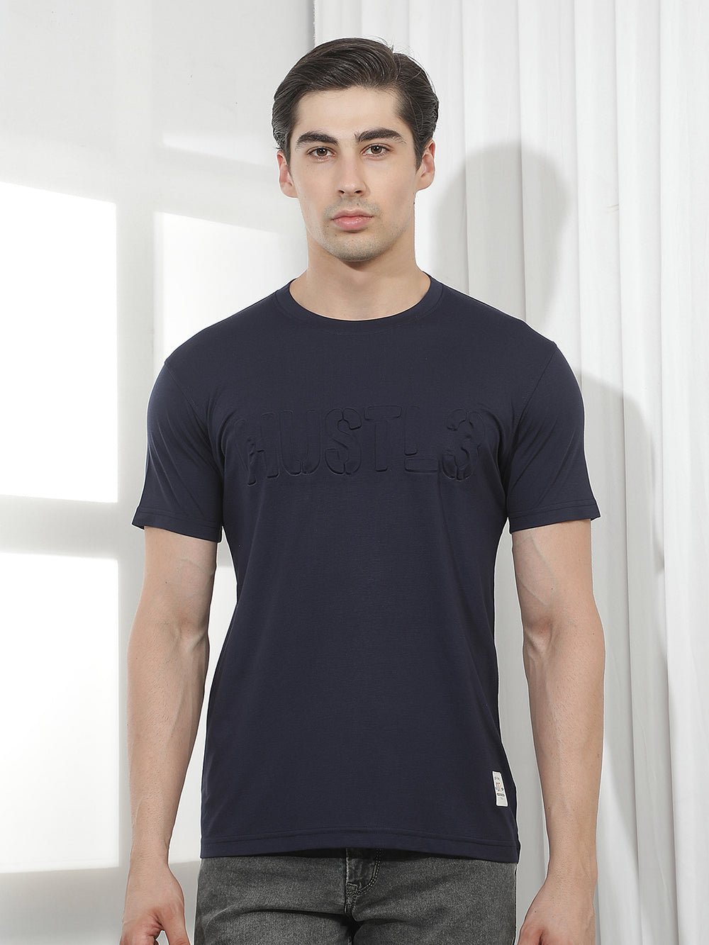 navy blue self-design round tees