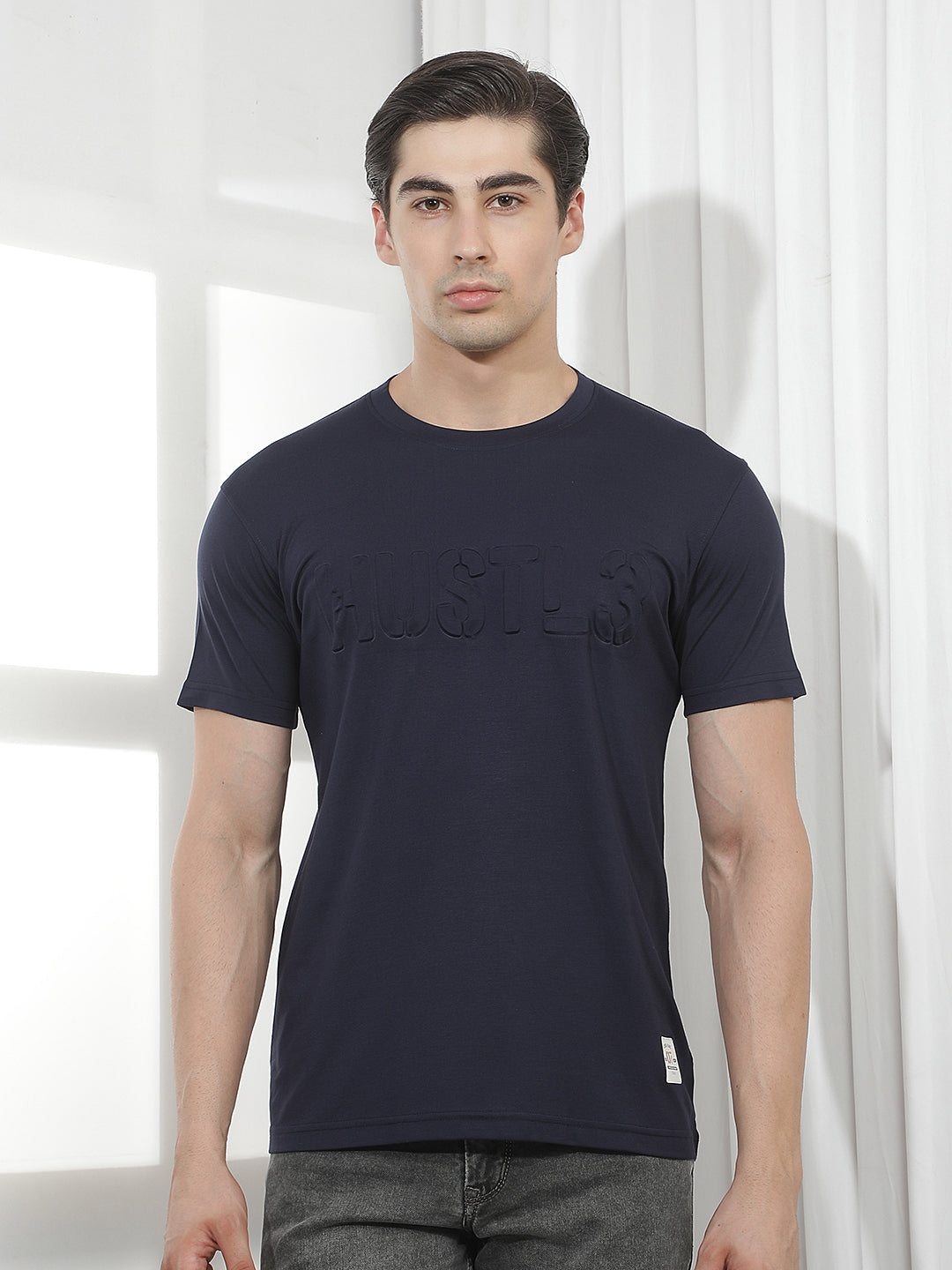navy blue self-design round tees