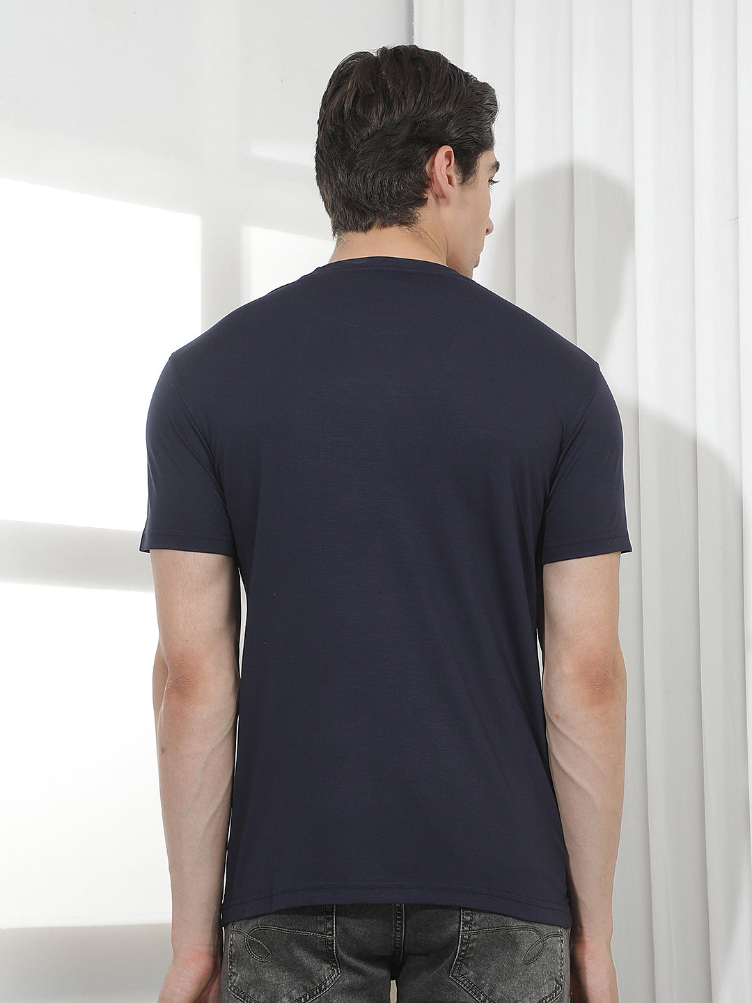 navy blue self-design round tees