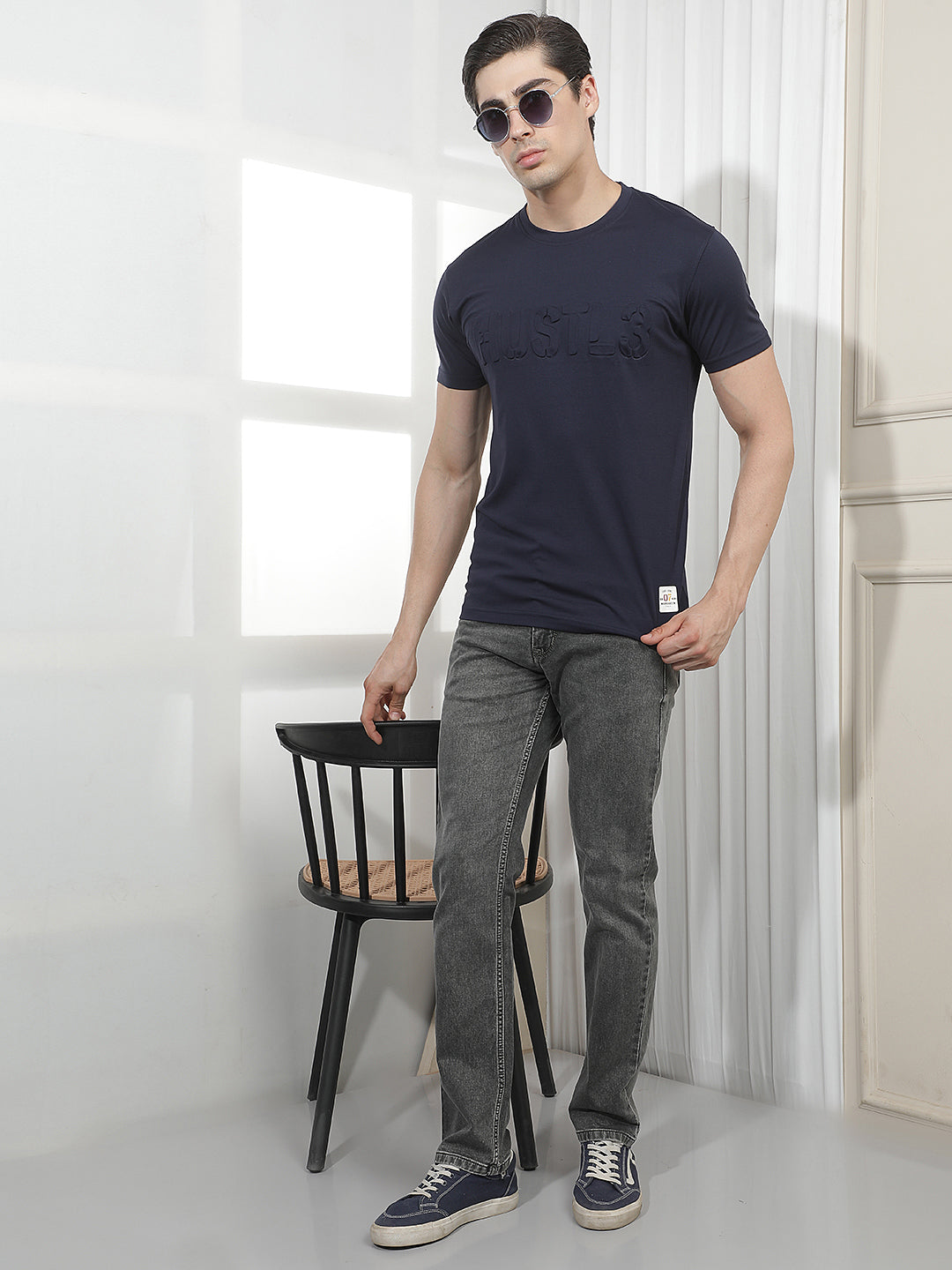 NAVY BLUE SELF-DESIGN ROUND TEES