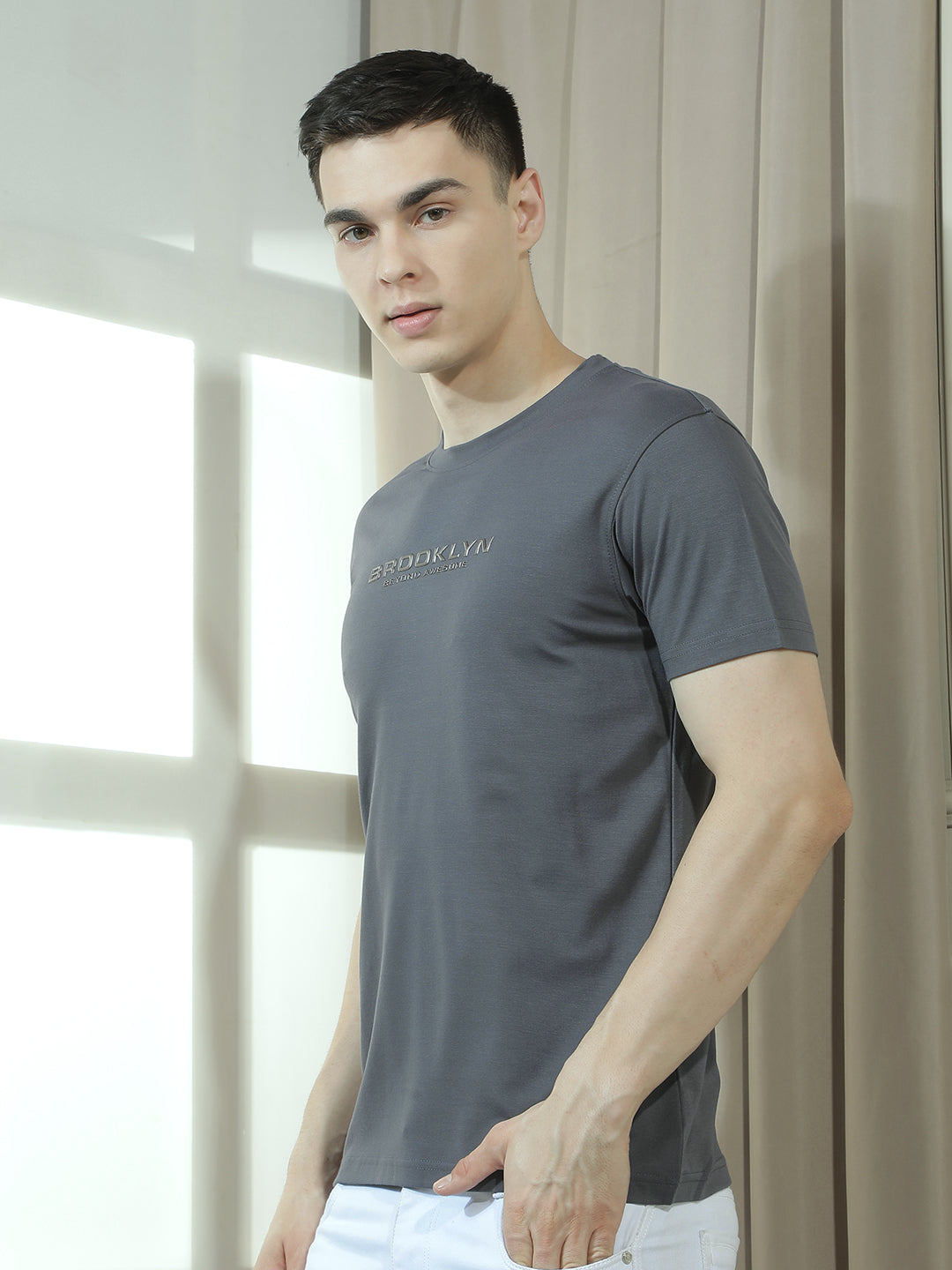 cobb dark grey printed round neck t-shirt