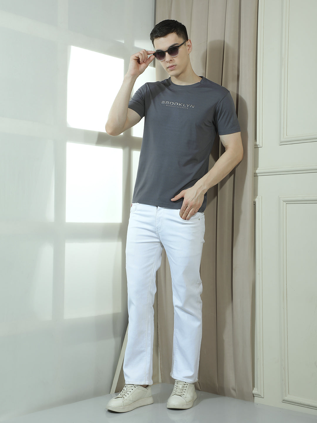 COBB DARK GREY PRINTED ROUND NECK T-SHIRT