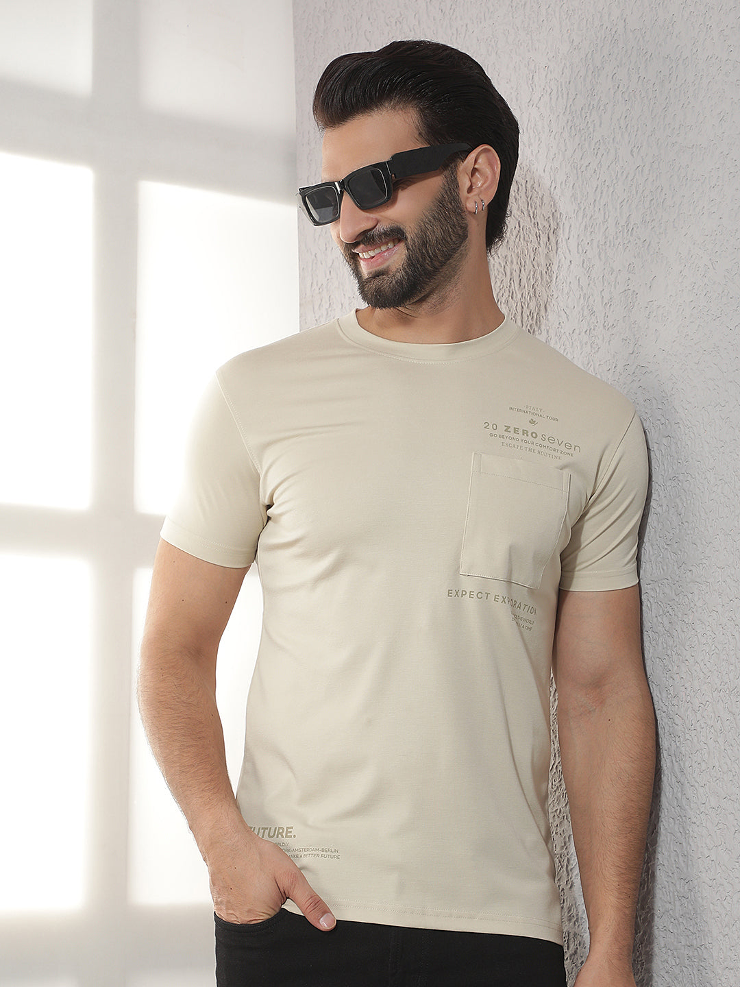 cobb beige solid round neck t-shirt