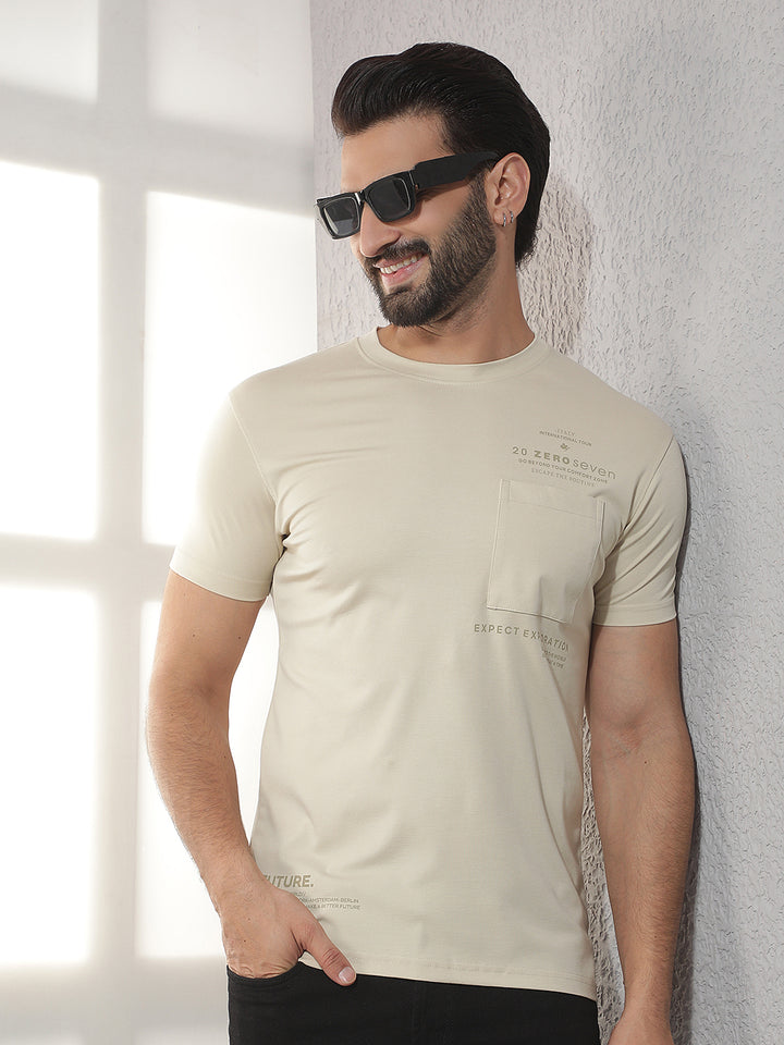 cobb beige solid round neck t-shirt