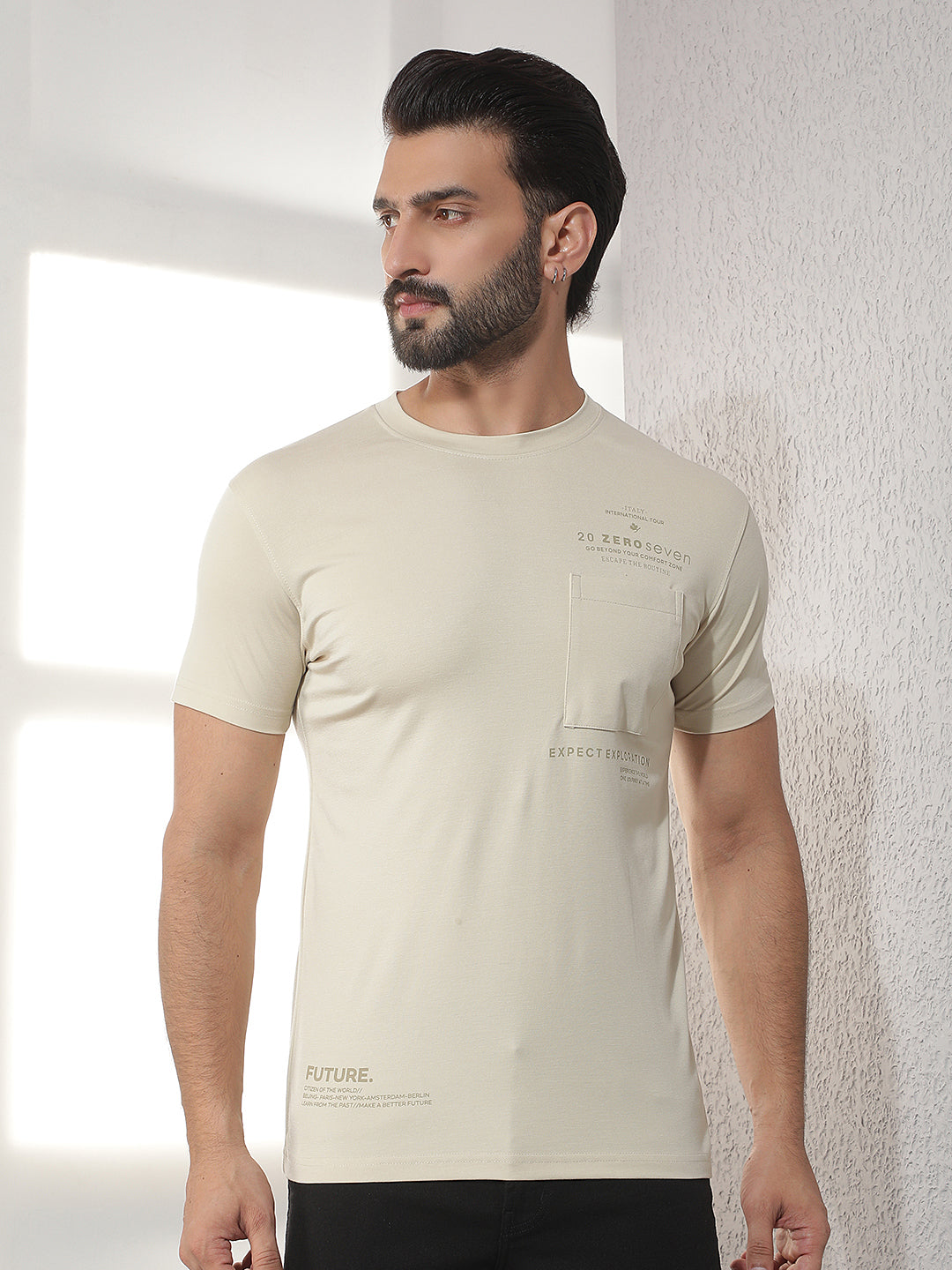 cobb beige solid round neck t-shirt