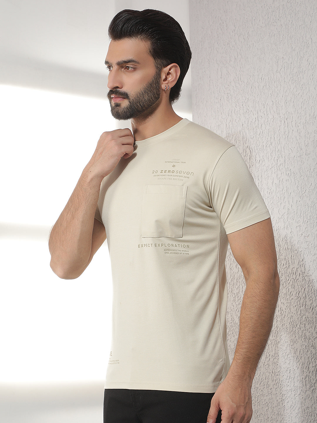 cobb beige solid round neck t-shirt