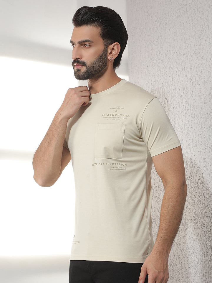 cobb beige solid round neck t-shirt