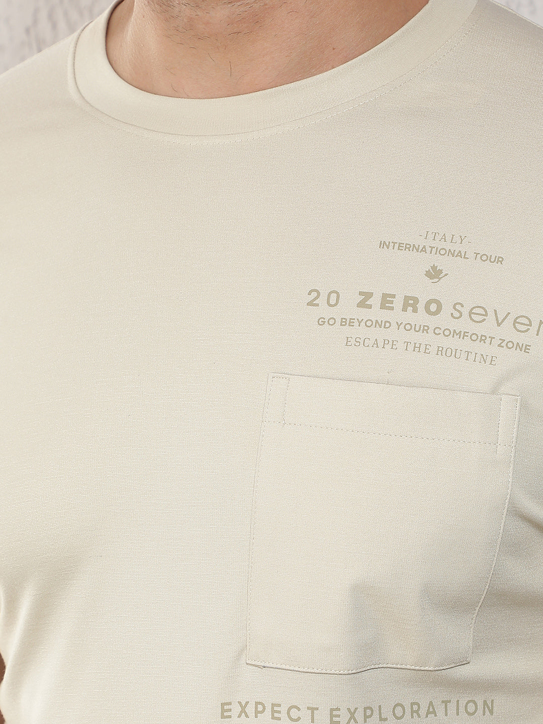 COBB BEIGE SOLID ROUND NECK T-SHIRT