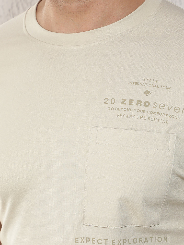 COBB BEIGE SOLID ROUND NECK T-SHIRT