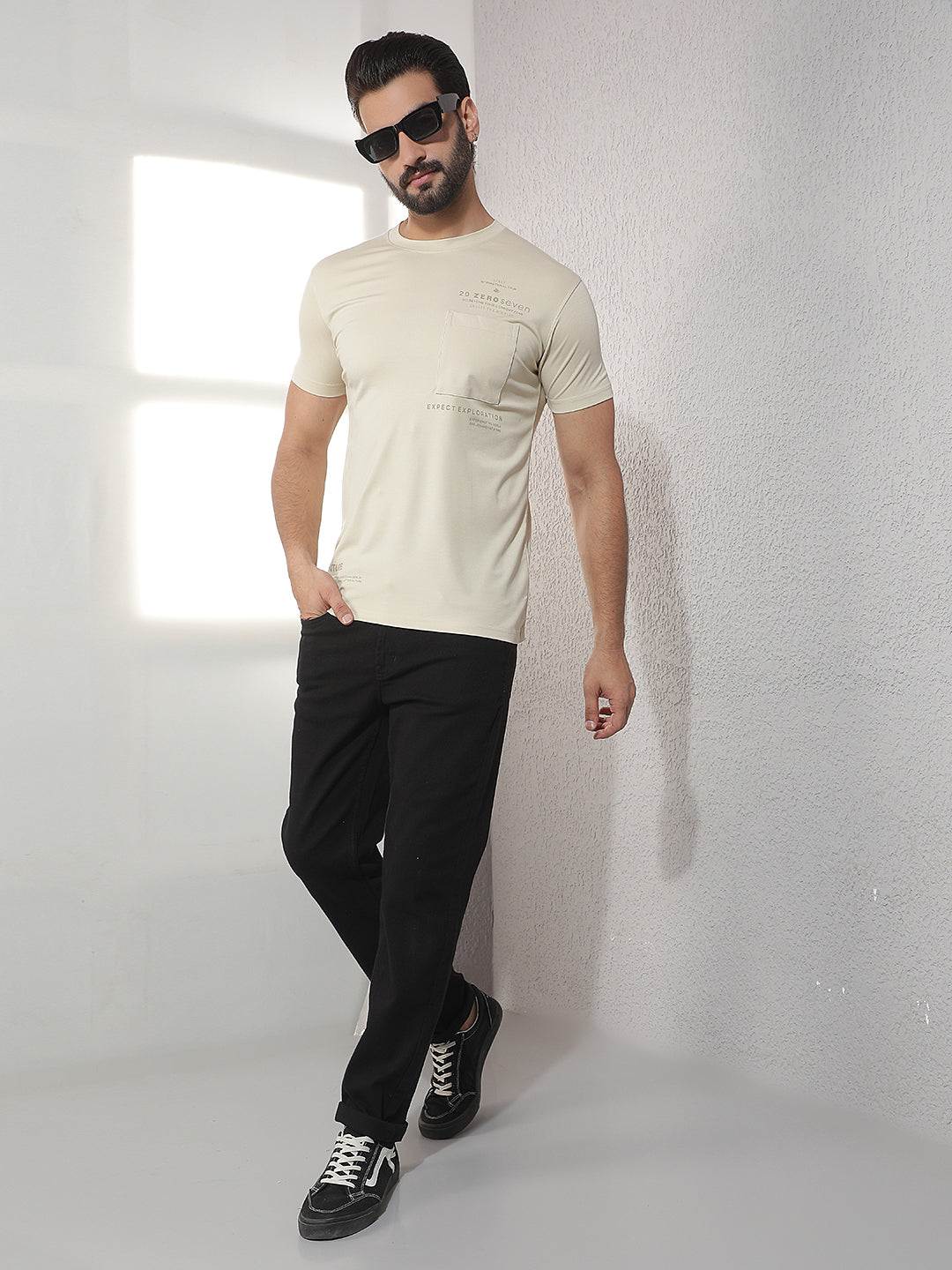 COBB BEIGE SOLID ROUND NECK T-SHIRT
