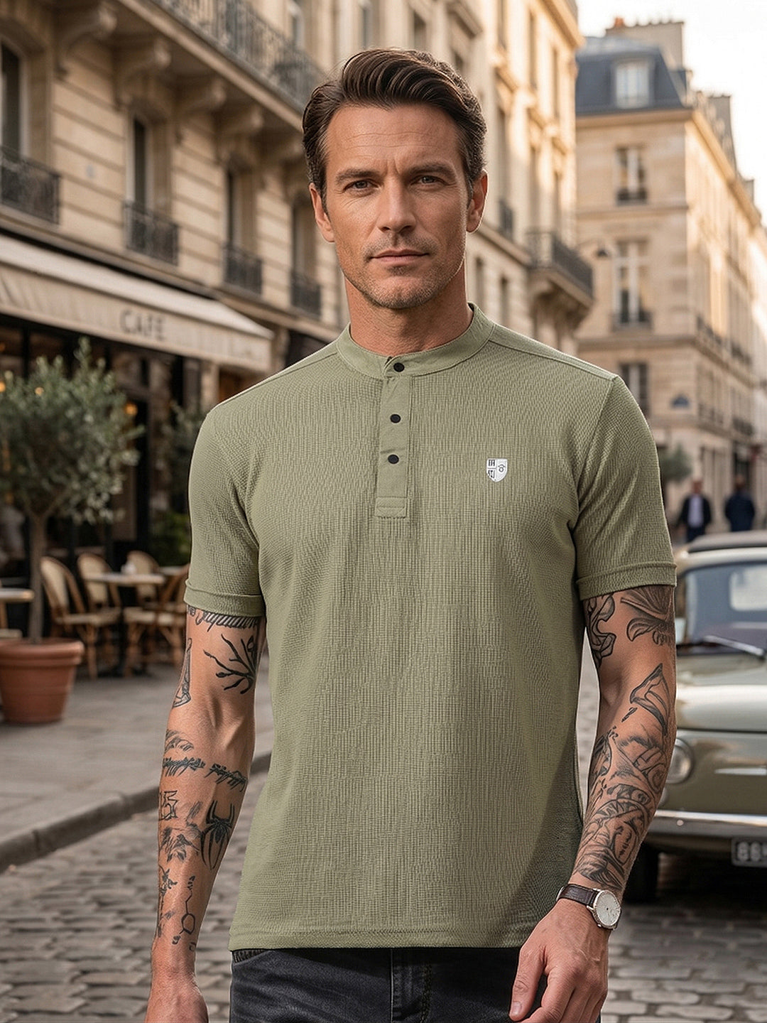 cobb pista green striped round neck t-shirt