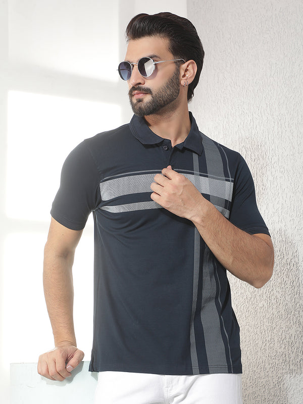 cobb navy blue striped polo neck t-shirt