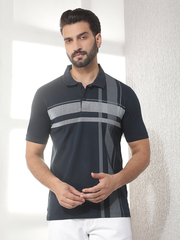 cobb navy blue striped polo neck t-shirt