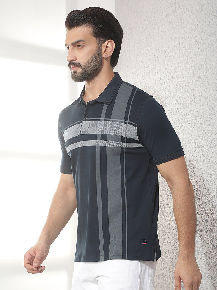 cobb navy blue striped polo neck t-shirt