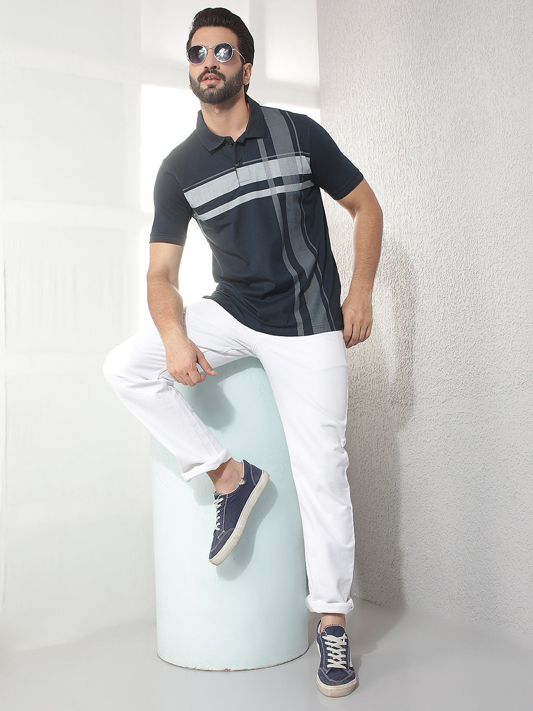COBB NAVY BLUE STRIPED POLO NECK T-SHIRT