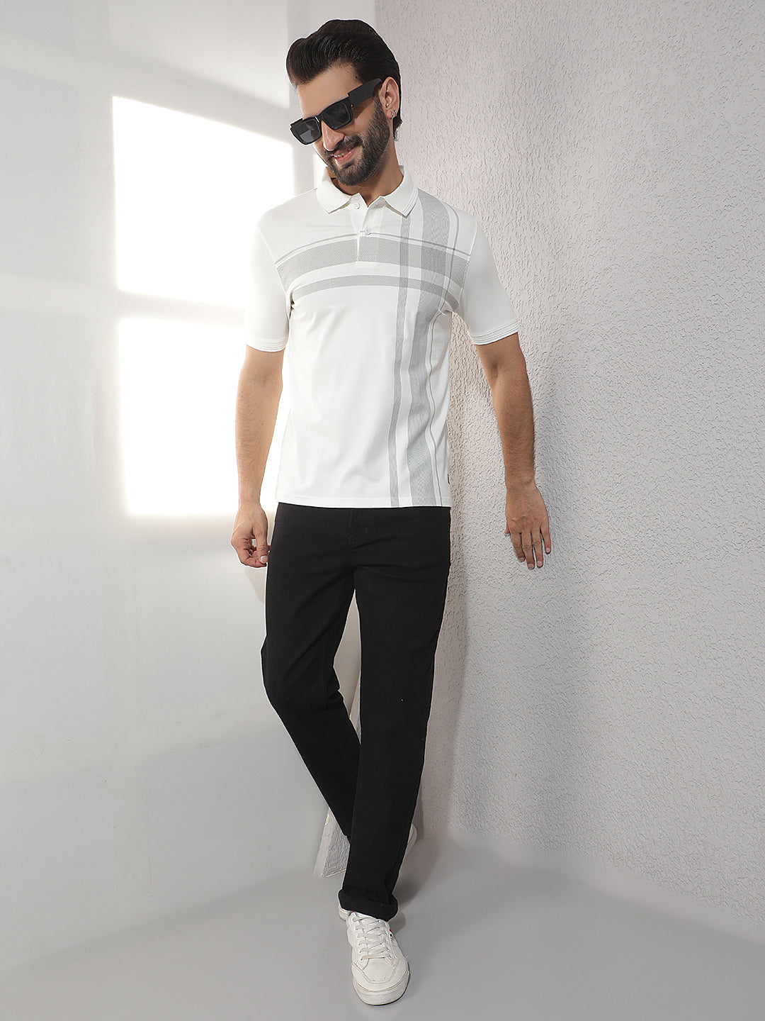 COBB WHITE STRIPED POLO NECK T-SHIRT