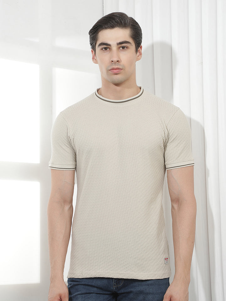 beige self-design round tees