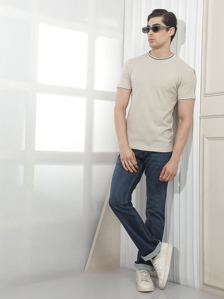 BEIGE SELF-DESIGN ROUND TEES