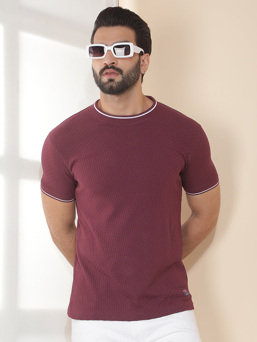 cobb burgundy solid round neck t-shirt
