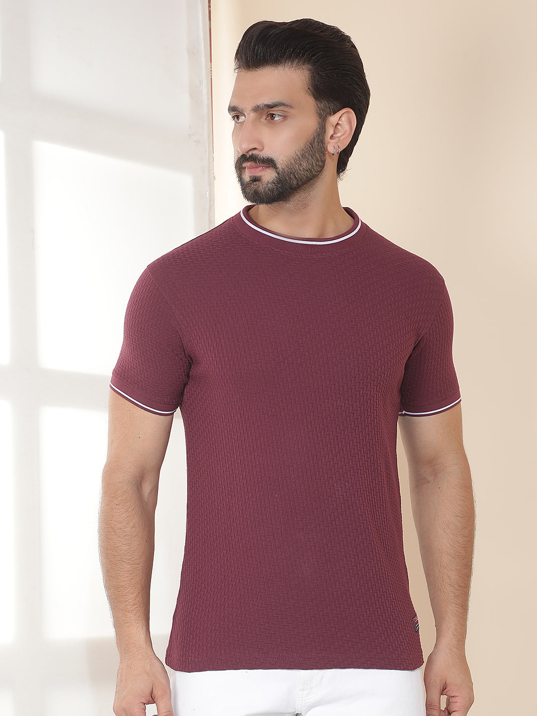 cobb burgundy solid round neck t-shirt