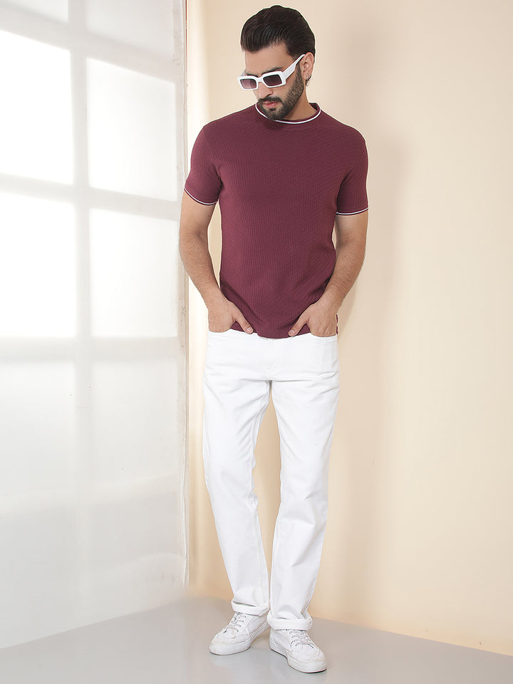 COBB BURGUNDY SOLID ROUND NECK T-SHIRT