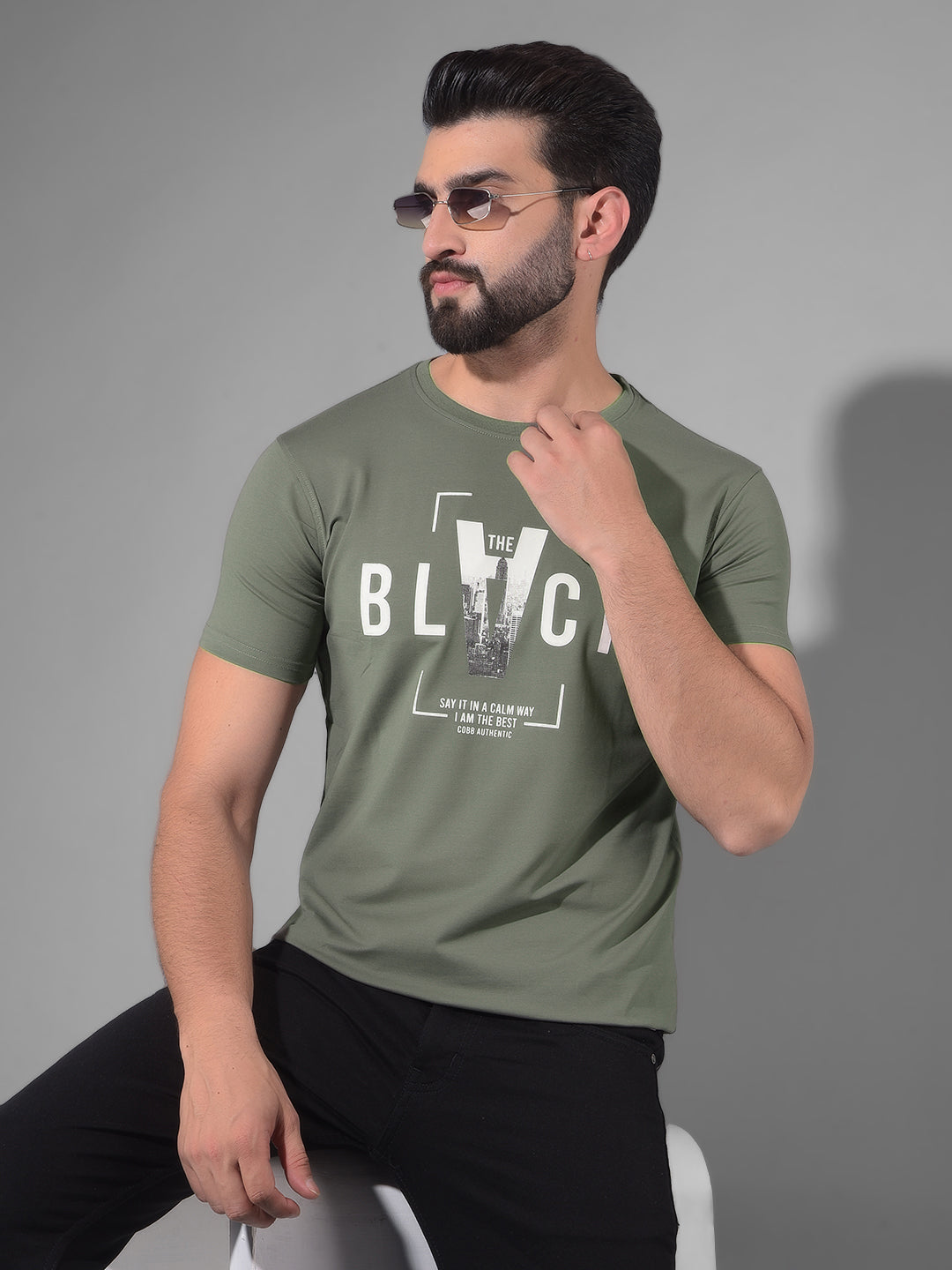 COBB OLIVE PRINTED ROUND NECK T-SHIRT