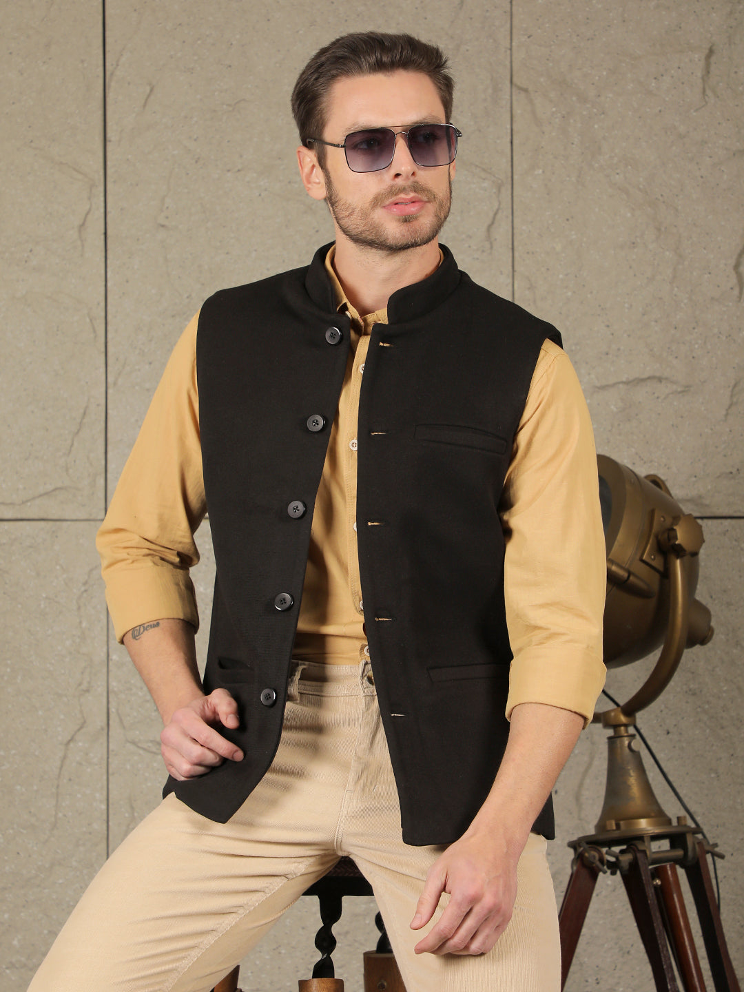 cobb solid black band collar waist coat