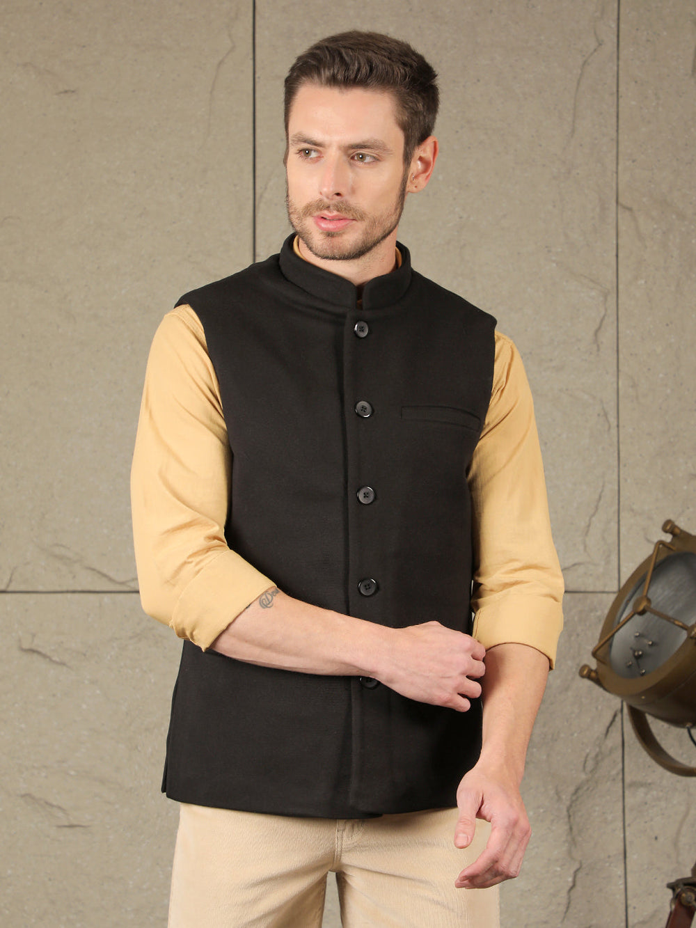 cobb solid black band collar waist coat