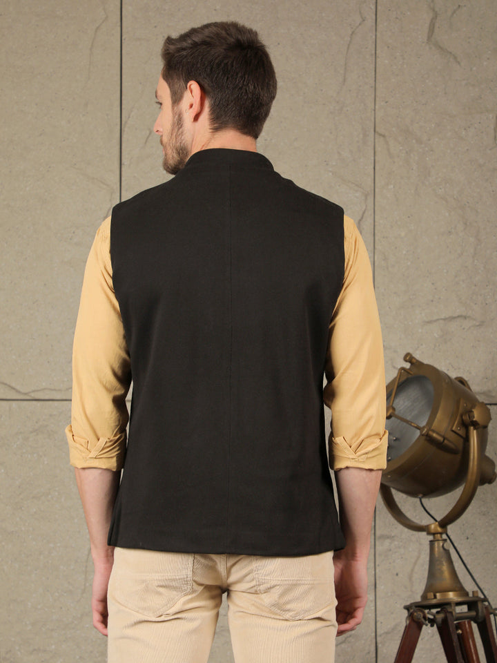 cobb solid black band collar waist coat