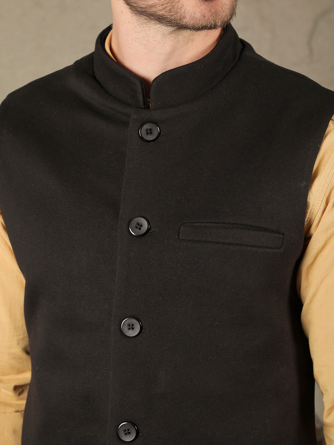 cobb solid black band collar waist coat