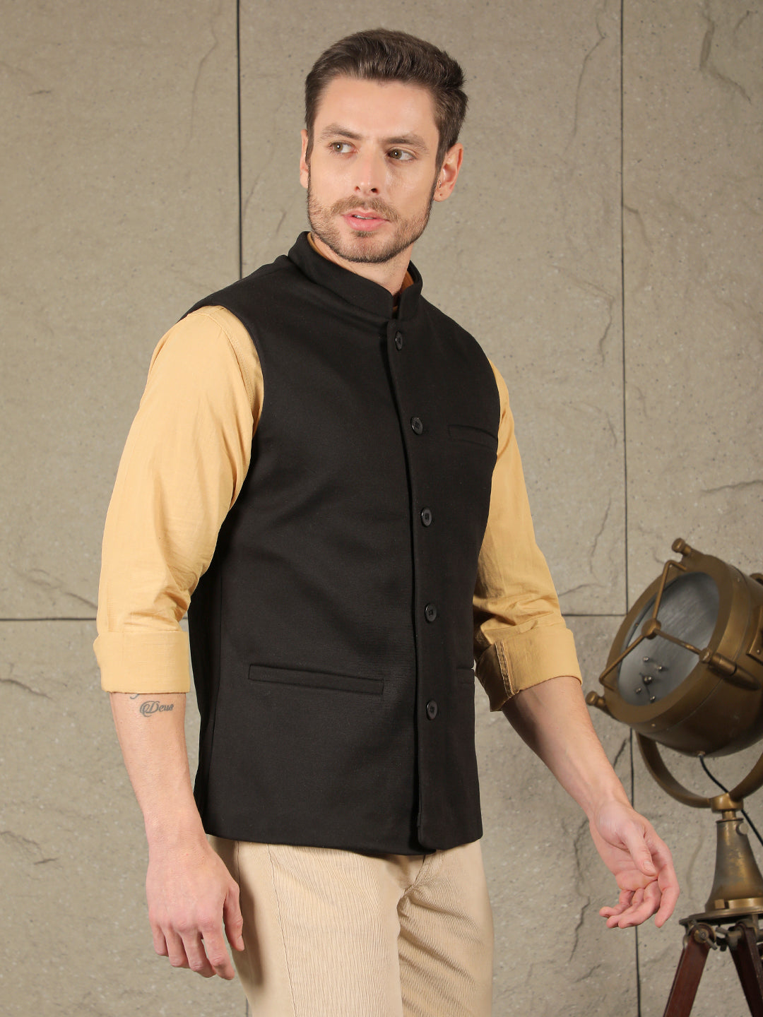 COBB SOLID BLACK BAND COLLAR WAIST COAT