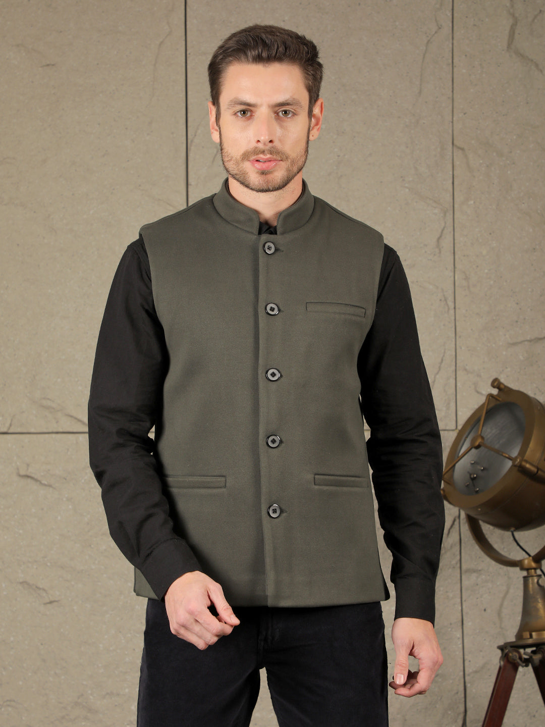 cobb solid bottle green band collar waist coat